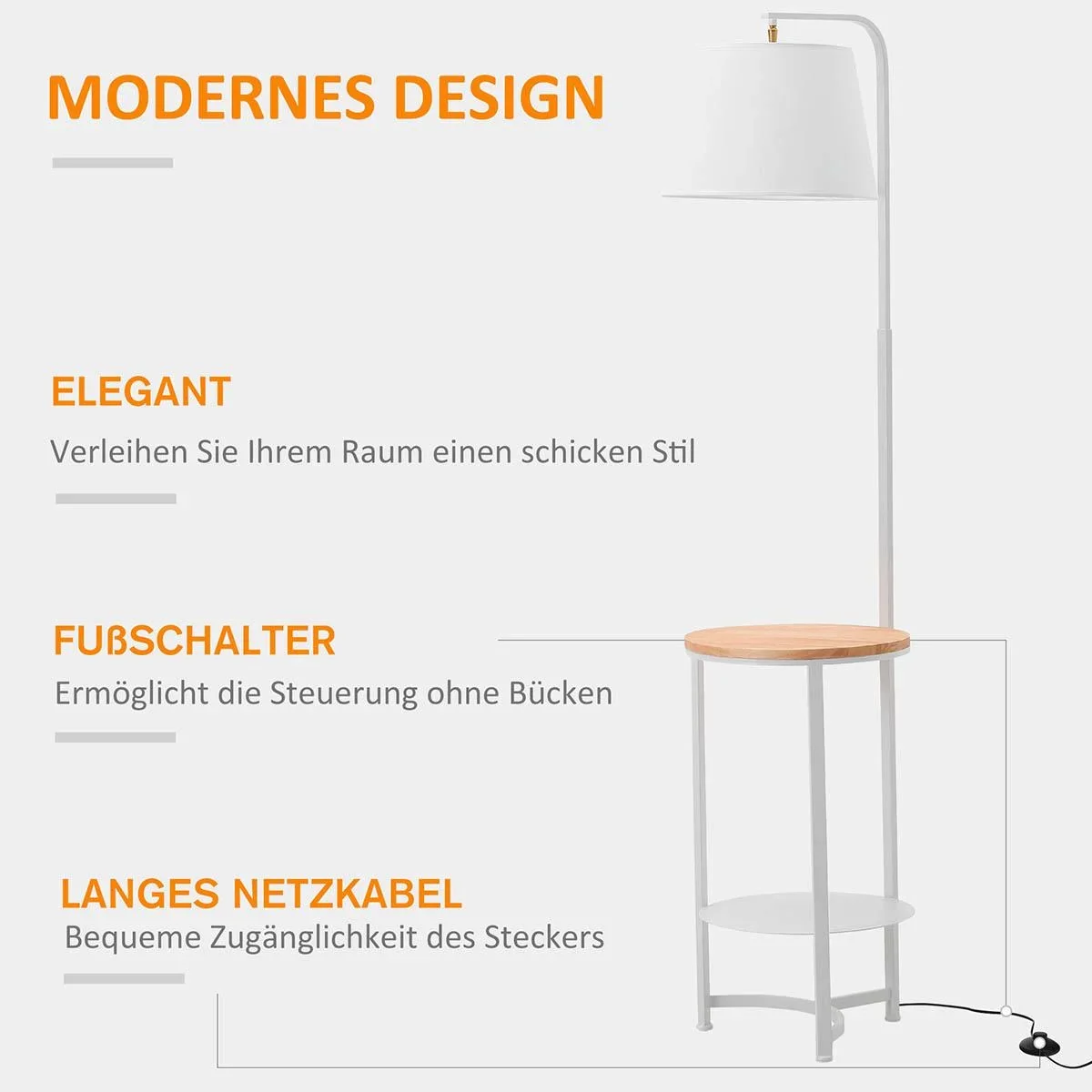 Stehleuchte Stehlampe Beistelltisch mit 2 Regalen Innenbeleuchtung E27 für Wohnzimmer Schlafzimmer Büro Metall MDF Ttery - 0