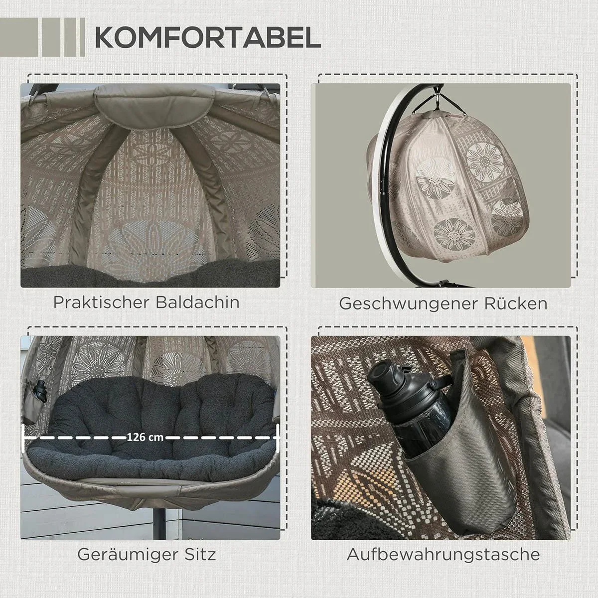 Hängesessel Hängekorb mit Gestell für 2 Personen Hängeschaukel Hängestuhl mit Kissen Korb faltbar Blumen-Strickstoff Sta - 0