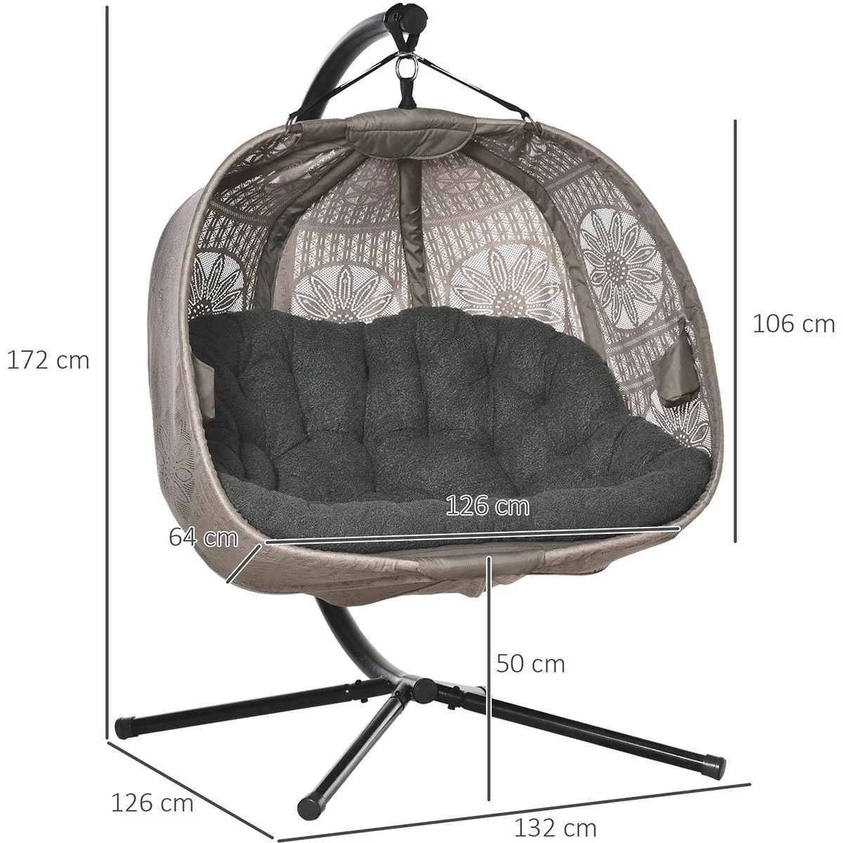 Hängesessel Hängekorb mit Gestell für 2 Personen Hängeschaukel Hängestuhl mit Kissen Korb faltbar Blumen-Strickstoff Sta - 1