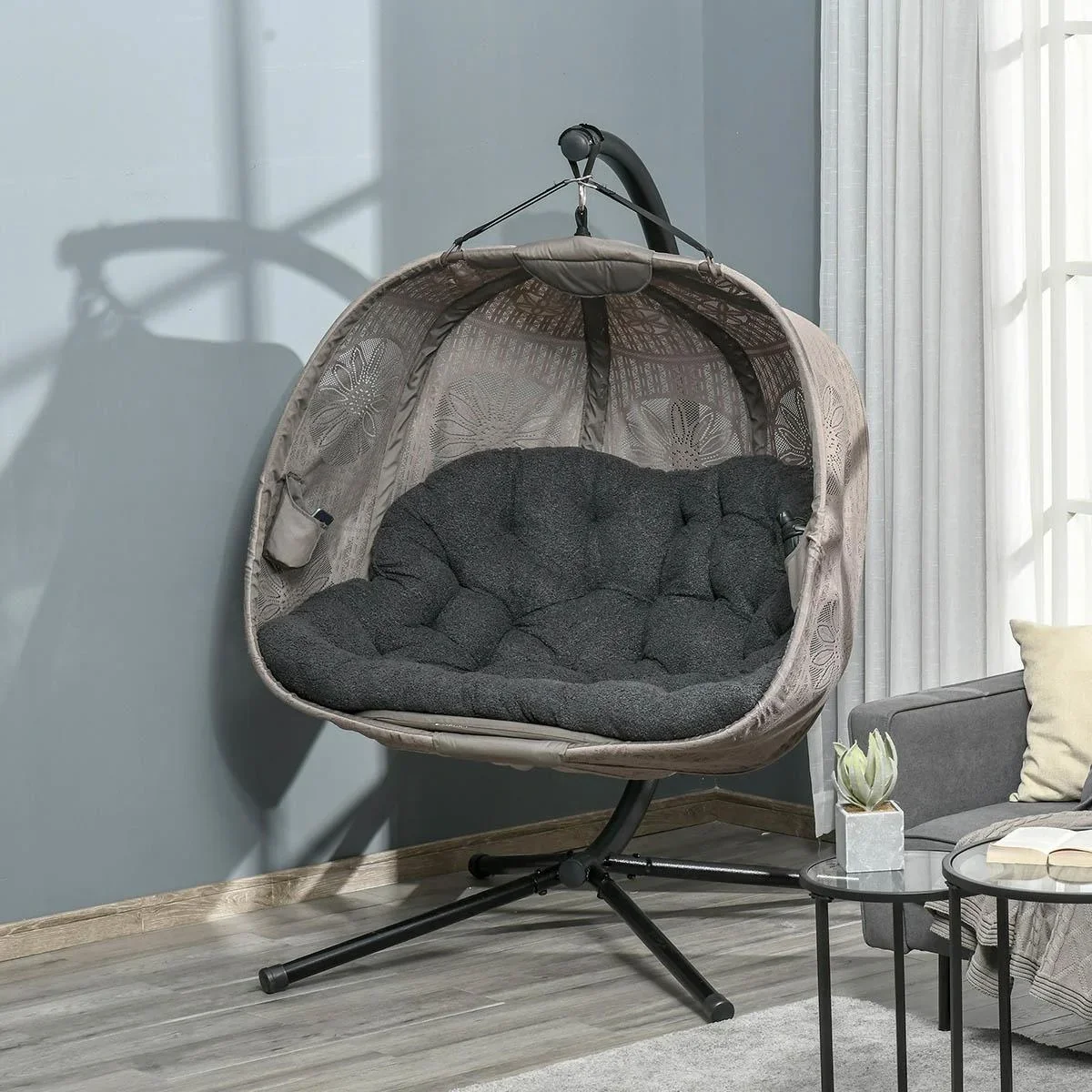 Hängesessel Hängekorb mit Gestell für 2 Personen Hängeschaukel Hängestuhl mit Kissen Korb faltbar Blumen-Strickstoff Sta - 2