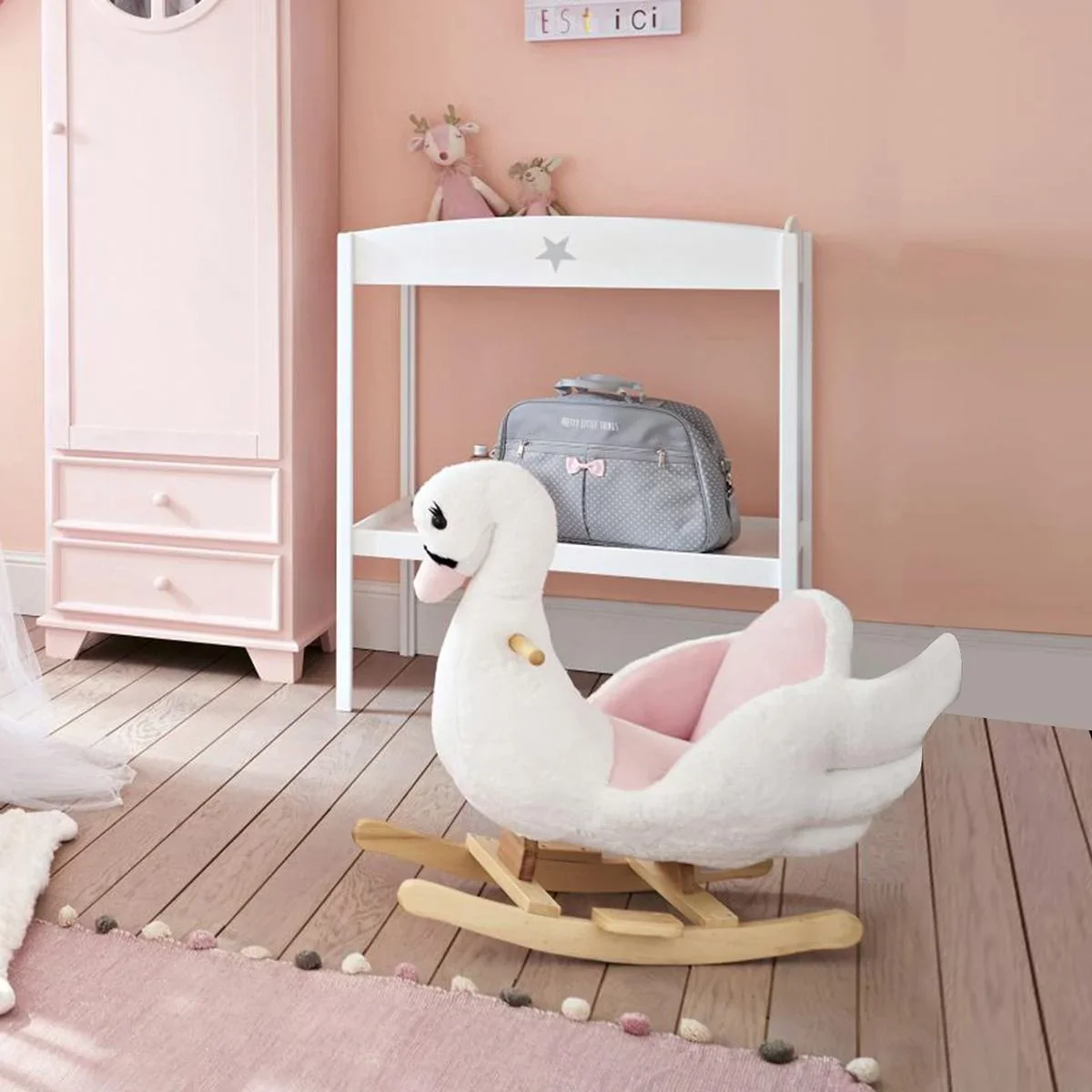 Kinder Schaukelpferd Baby Schaukeltier Schwan mit Musik Spielzeug Haltegriffe ab 18 Monate Plüsch Rosa+Weiß 60x32x55 cm - 2