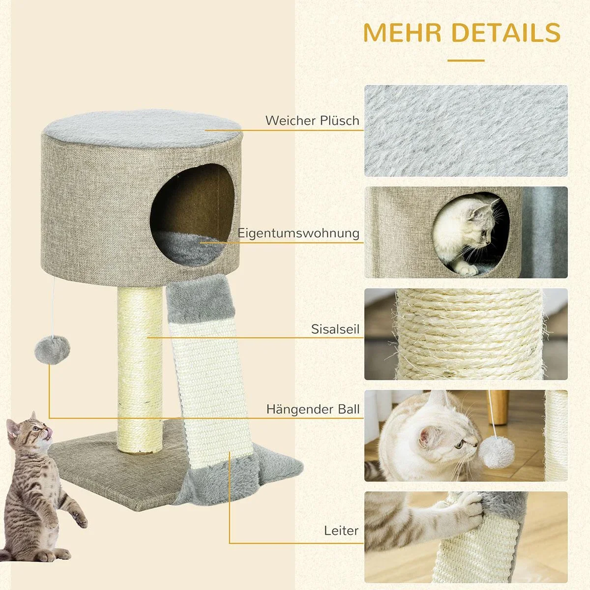Kratzbaum Katzenbaum Kletterbaum für Katzen Katzenkiste mit Katzenball Grau 30 x 30 x 50 cm - 0