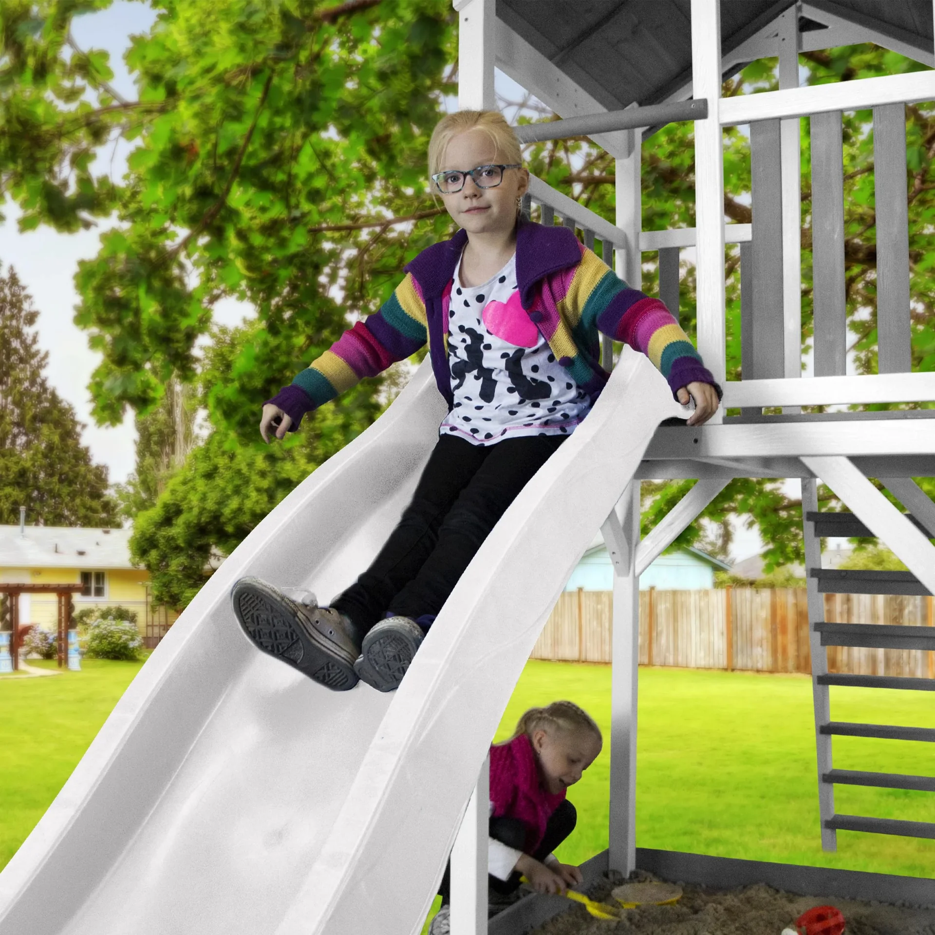 Beach Tower Spielturm mit Klettergerüst und Doppelschaukel - Weiße Rutsche - 3