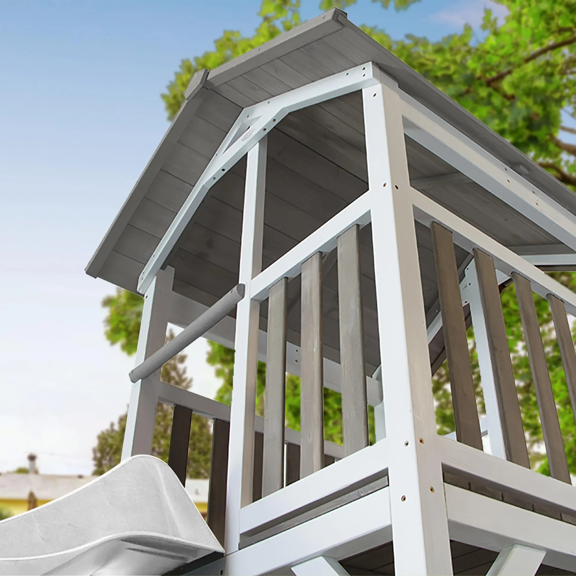 Beach Tower Spielturm mit Klettergerüst und Doppelschaukel - Weiße Rutsche - 4