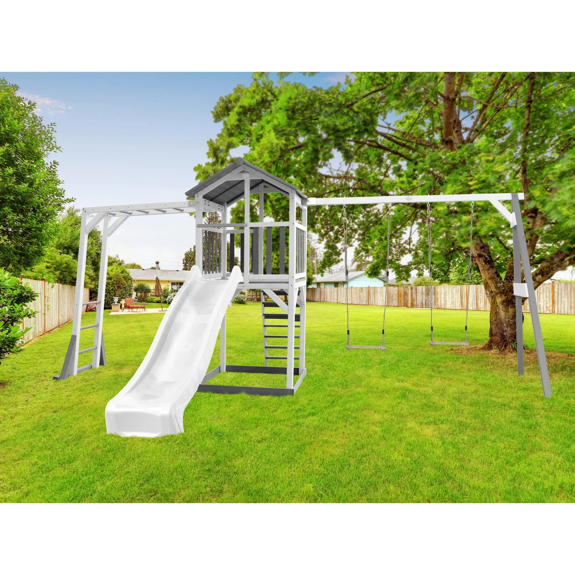 Beach Tower Spielturm mit Klettergerüst und Doppelschaukel - Weiße Rutsche - 5