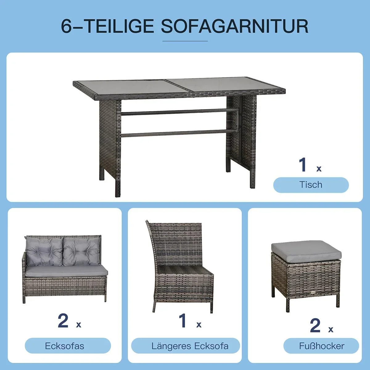 18 tlg. Sitzgarnitur Sitzgruppe Gartenset Sofagarnitur Gartenmöbel Set Lounge, Polyrattan, Grau - 1