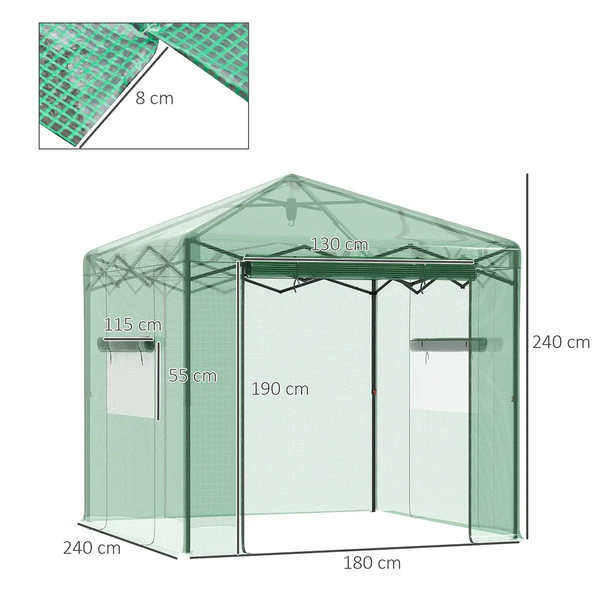 Gewächshaus Treibhaus Tomatenhaus Frühbeet mit Tür und Fenster zum Aufrollen PE Stahl Dunkelgrün 240 x 180 x 240 cm - 0