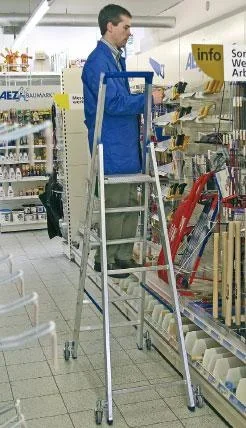 Alu Stufen Stehleiter mit 12 Stufen, Leiter fahrbar - 0