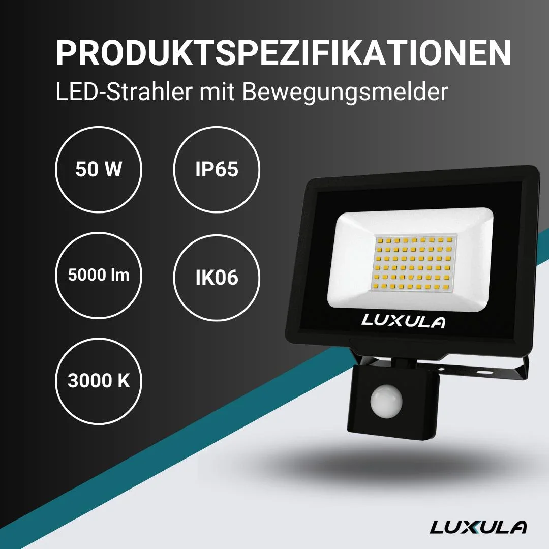 LED-Fluter in schwarz mit Bewegungsmelder bietet 50 W, 3000 K (warmweiß), 5000 lm & IP65 Schutz - 1