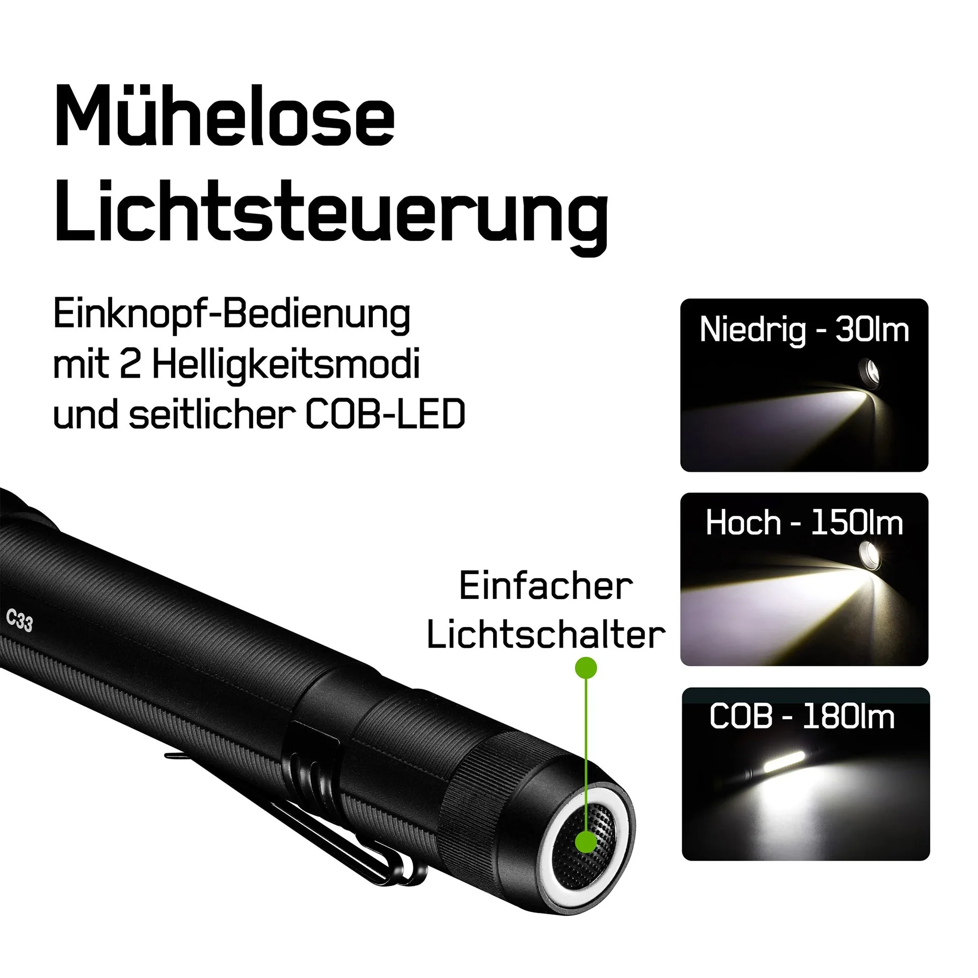 DISCOVERY Clip Arbeitsleuchte mit zusätzlicher, seitlicher COB Lichtleiste und Magnetbefestigung, 180 Lumen, IPX4 - 1