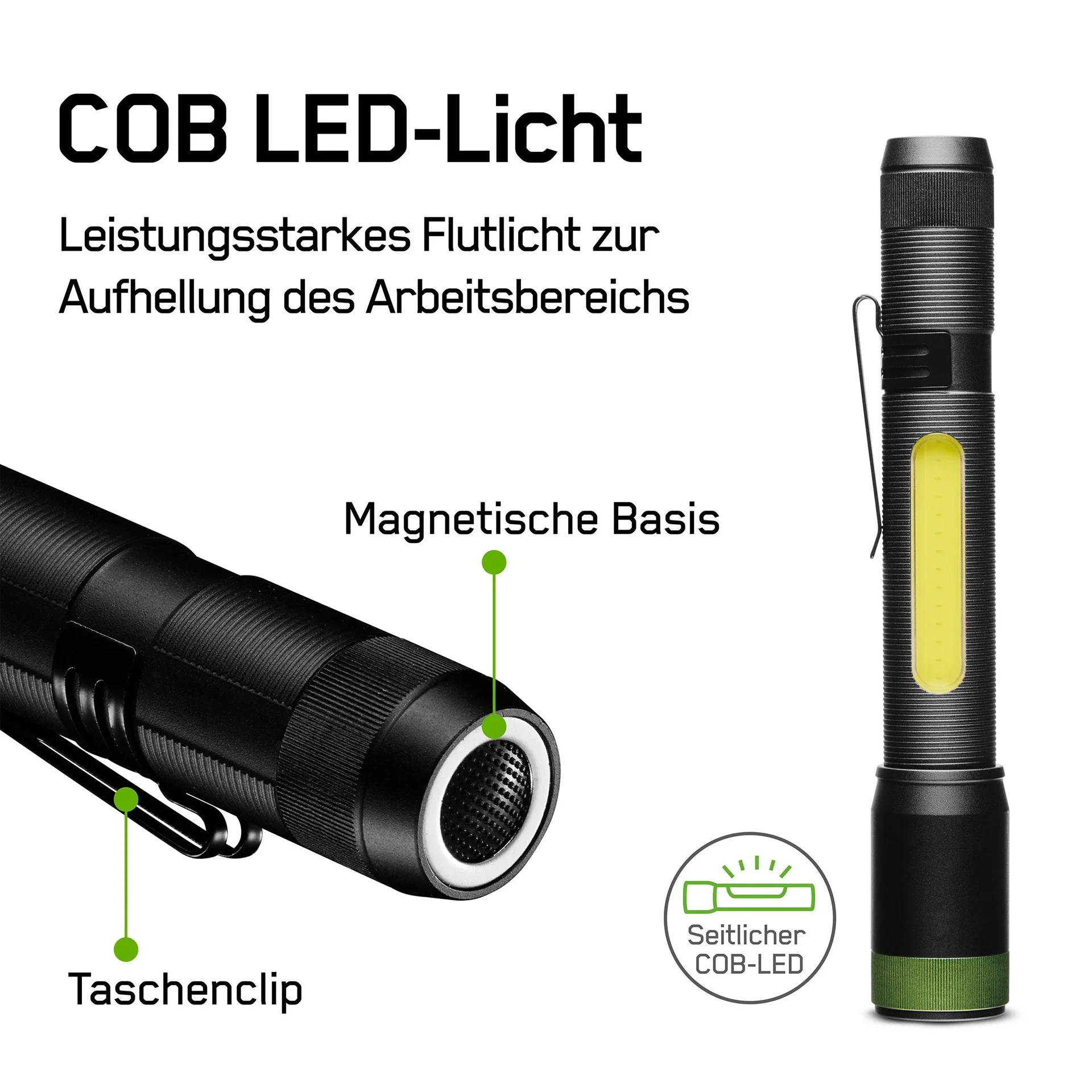 DISCOVERY Clip Arbeitsleuchte mit zusätzlicher, seitlicher COB Lichtleiste und Magnetbefestigung, 180 Lumen, IPX4 - 4