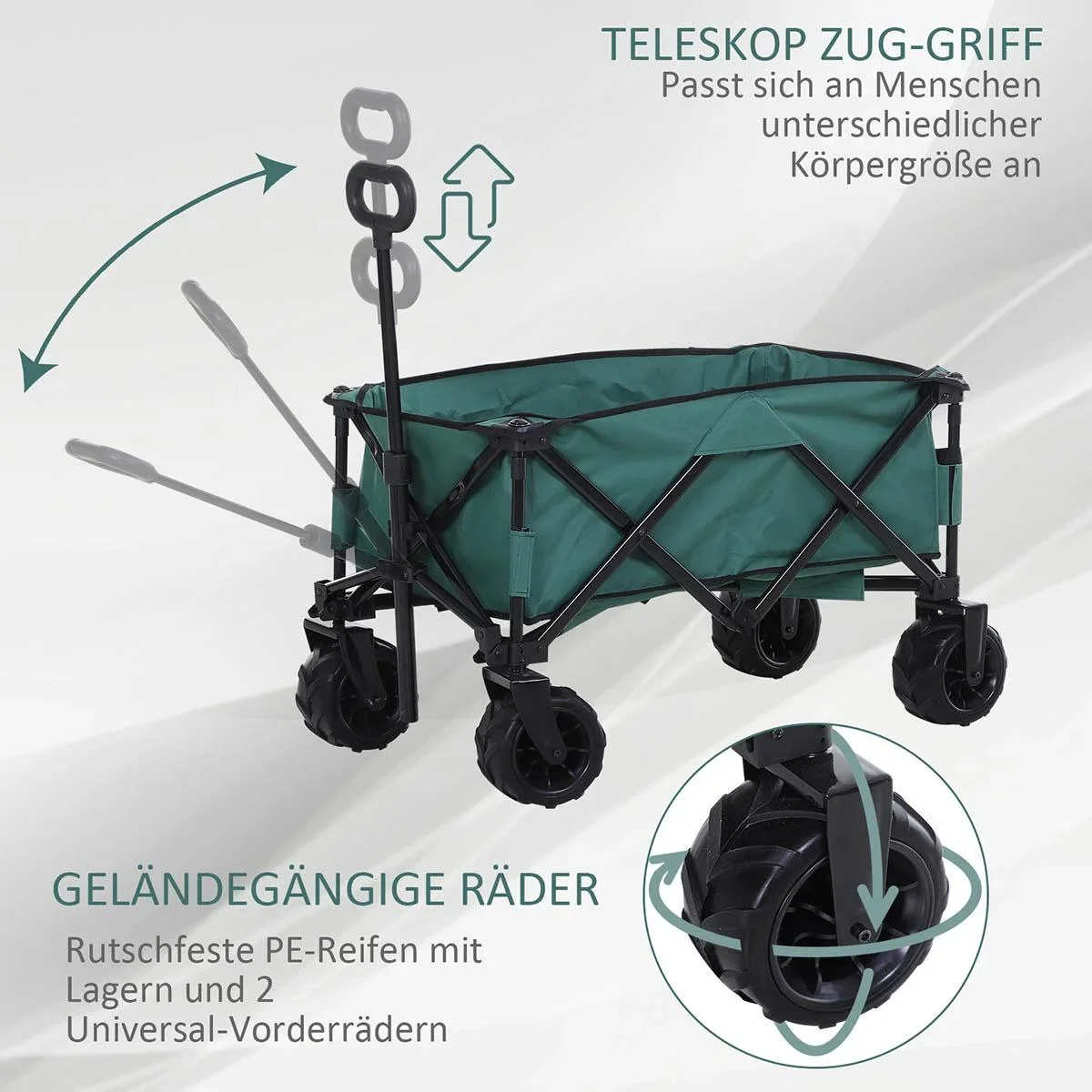 Bollerwagen Faltbarer Handwagen 360° Gartenwagen Transportwagen mit Teleskop Griff Verstellbarer Griffhöhe Strandwagen - 3
