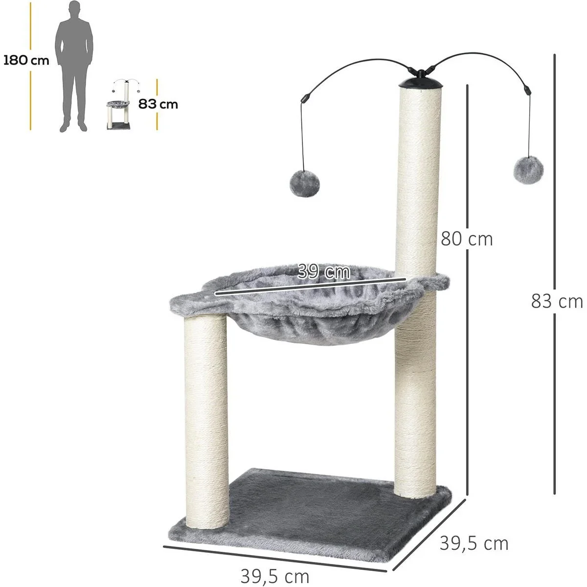 Kratzbaum mit Hängematte Katzenbaum Kletterbaum für Katzen mit Spin-Ball Grau 39,5x39,5x83 cm - 1