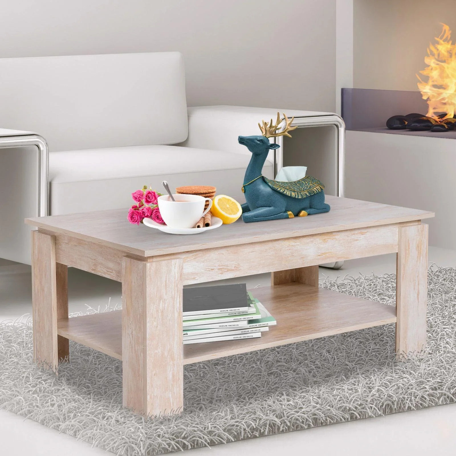 Couchtisch Beistelltisch Kaffetisch mit Ablage Pinie Holz 110 x 65 cm - 5