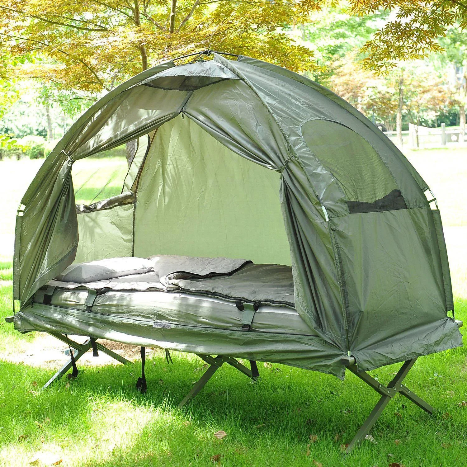 Campingbett Set mit ZeLT SChlafsack Matratze 4 in 1 faltbar Dunkelgrün - 2