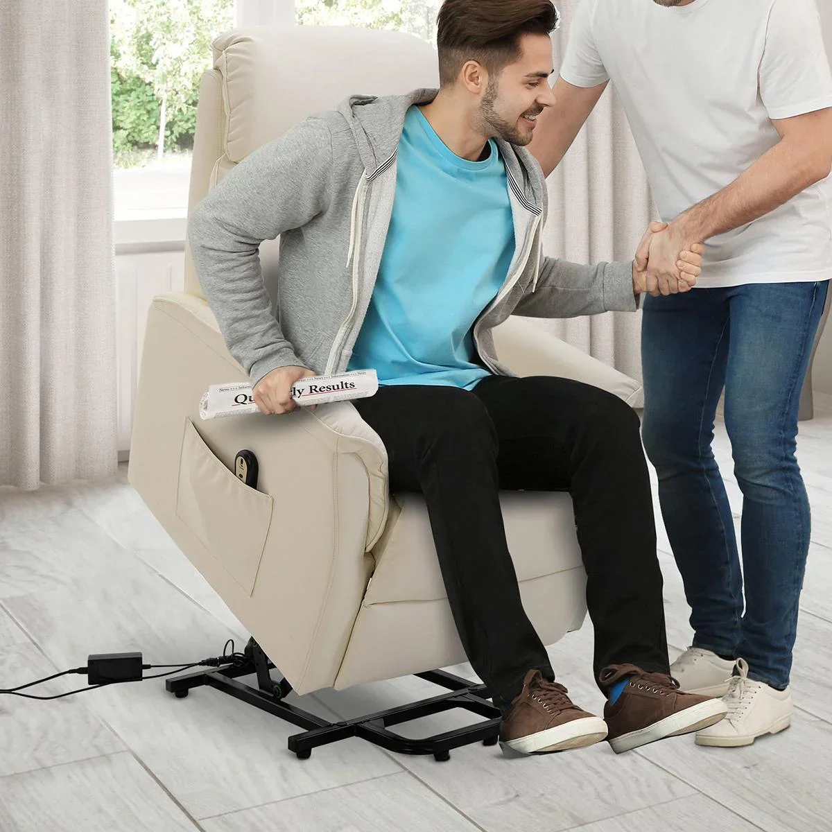 Aufstehsessel Fernsehsessel mit Aufstehhilfe elektrisch Liegefunktion Kunstleder Beige, 80 x 94 x 104 cm - 2