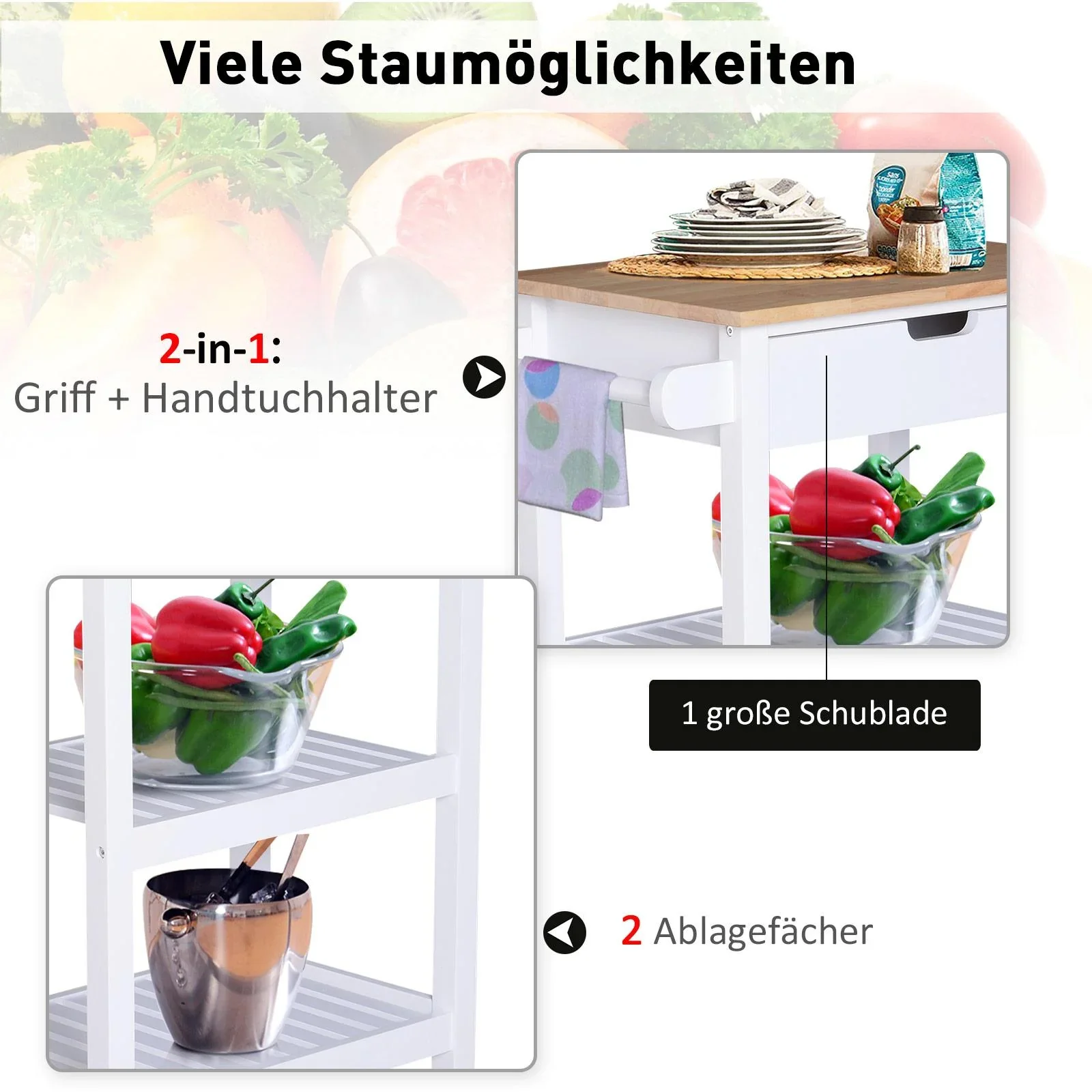 Servierwagen Küchenwagen rollbar mit Schublade Holz weiß 64 x 39 x 84,5 cm - 6