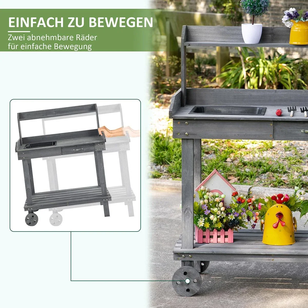 Pflanztisch mit Schublade 2 Stufen Gärtnertisch mit waschbecken und Rollen Garten Tannenholz Grau 92 x 45 x 119 cm - 2