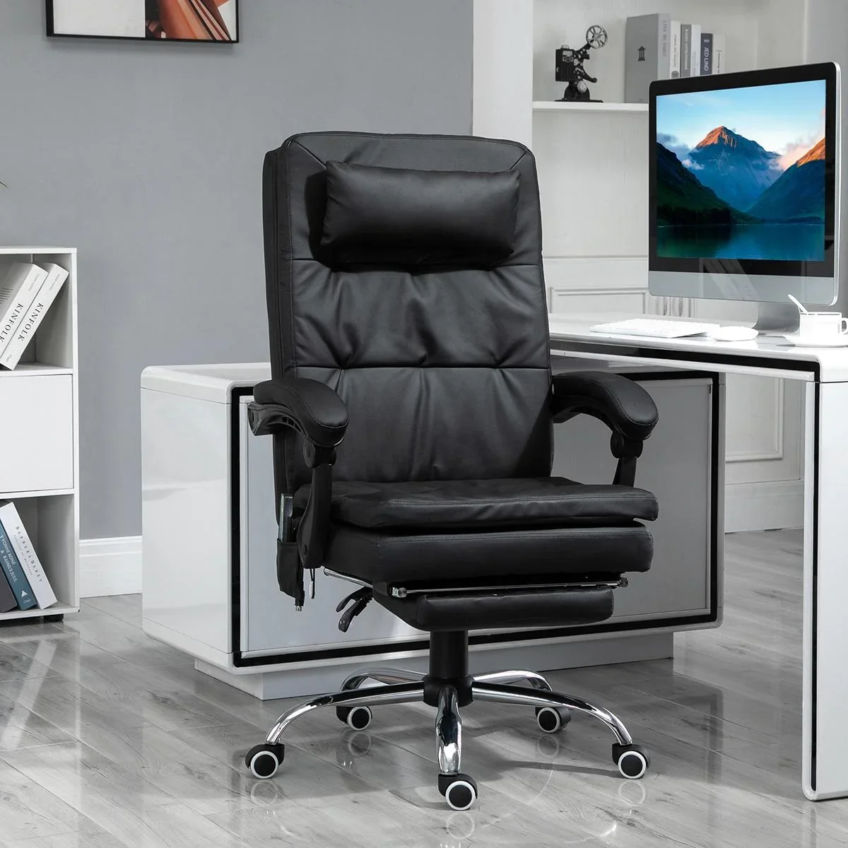 Massagesessel Chefsessel mit Massagefunktion 7 Vibrationsmassagepunkte höhenverstellbarer Drehstuhl Bürostuhl mit Fußstü - 2