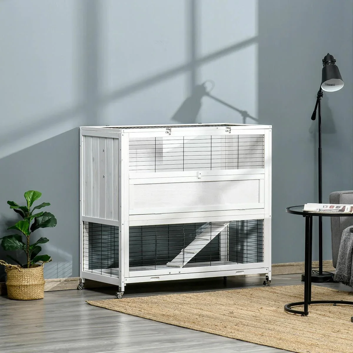 Kaninchenstall mit Rollen Kaninchenhaus mit Freilauf Rampe Nagetierkäfig Kleintierstall doppelstöckig für 1-2 Kaninchen - 2