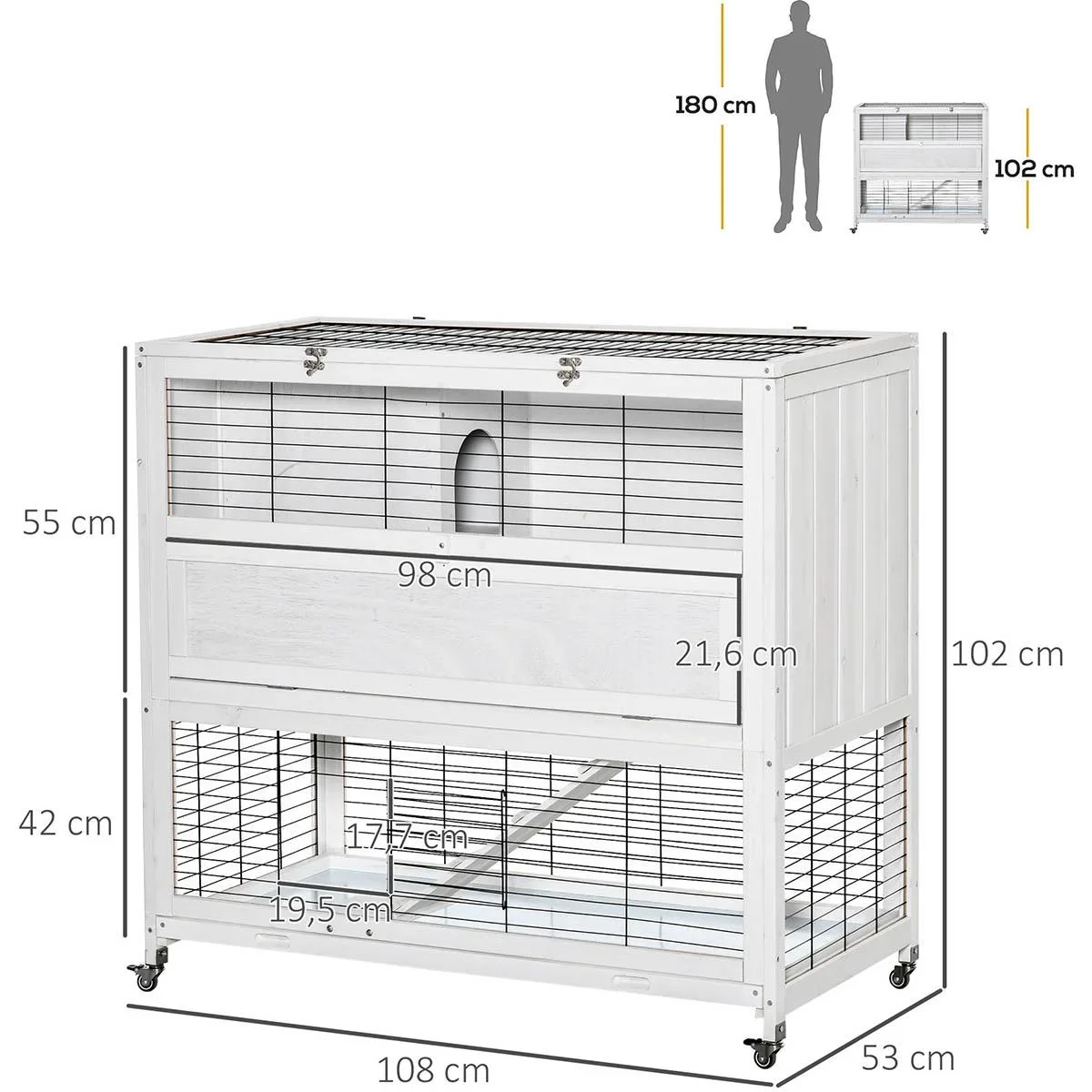 Kaninchenstall mit Rollen Kaninchenhaus mit Freilauf Rampe Nagetierkäfig Kleintierstall doppelstöckig für 1-2 Kaninchen - 3