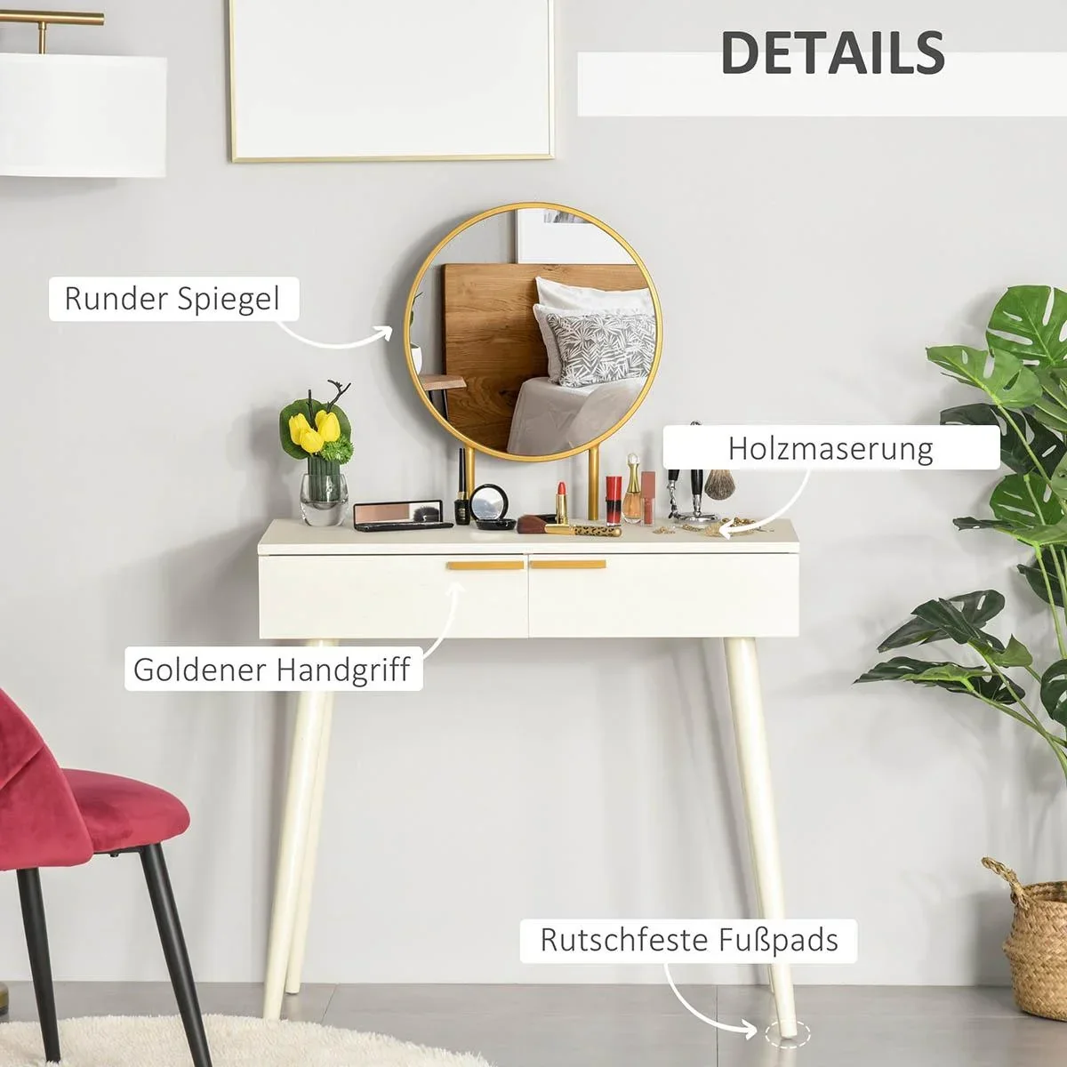 Schminktisch Frisiertisch modern Kosmetiktisch mit Spiegel Schublade Schlafzimmer Holz Weiß 80 x 40 x 123 cm - 1