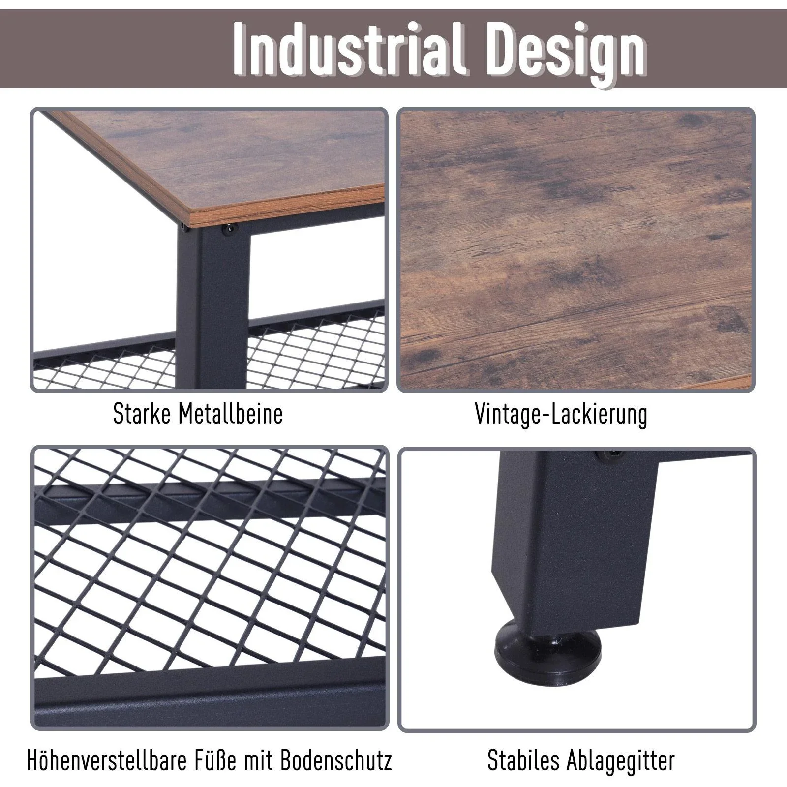 Vintage Beistelltisch Couchtisch Sofatisch mit Ablage Metallgestell gemasert 106 x 60 x 45 cm - 1