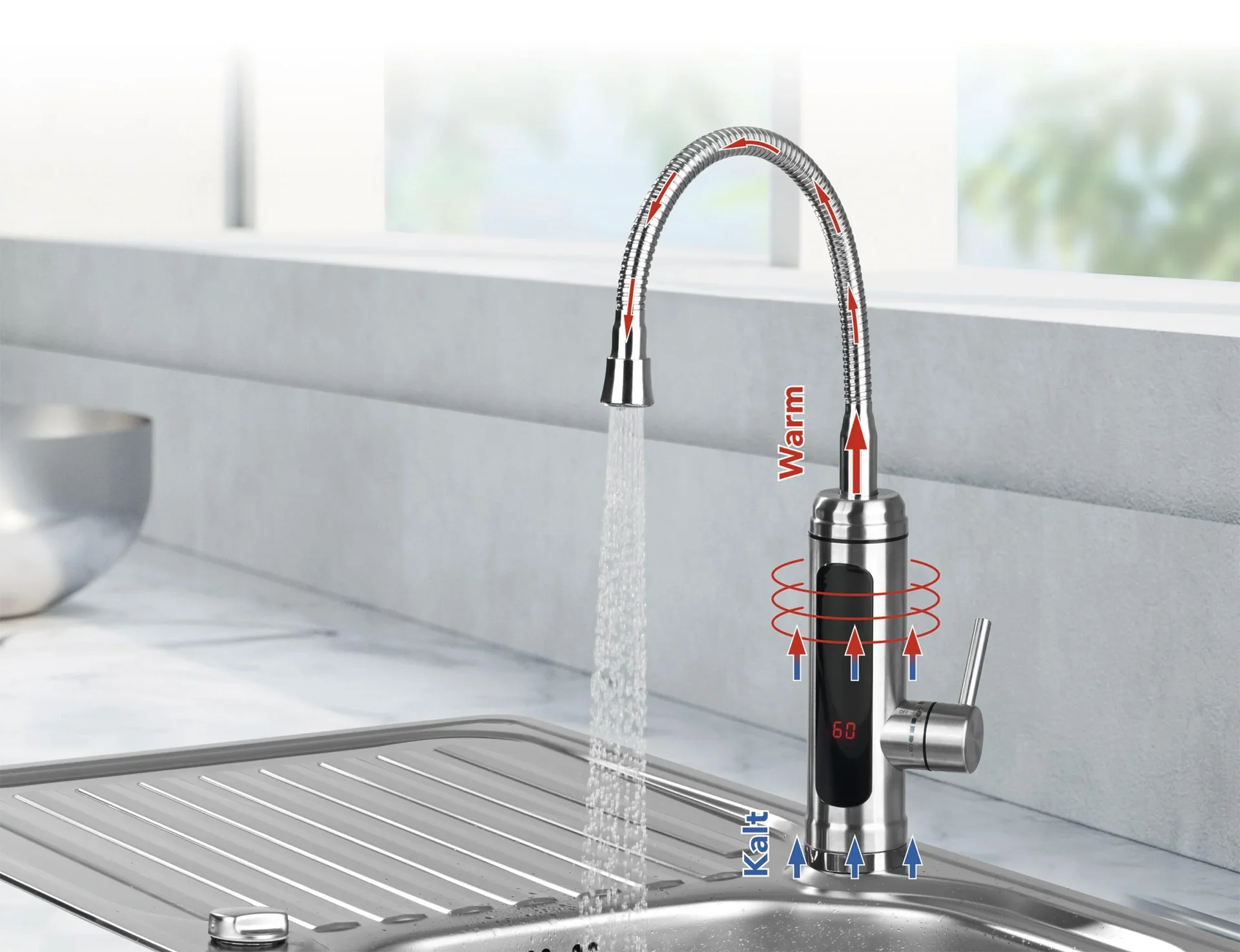 Warm- & Kaltwasserarmatur, elektrisch, Edelstahl, 3600 Watt - 0