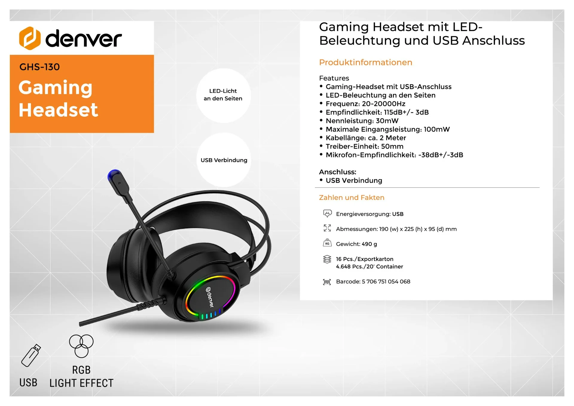 Gaming Headset, Überkopf-Kopfhörer, mit USB-Anschluss und LED-Licht - 1