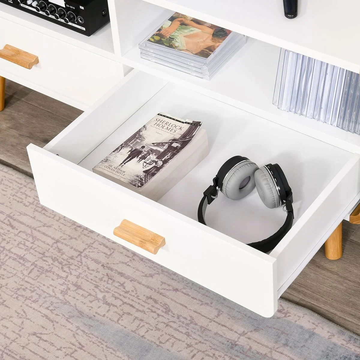 TV Schrank mit 2 Schubladen und offenen Regalfächern Weiß - 2