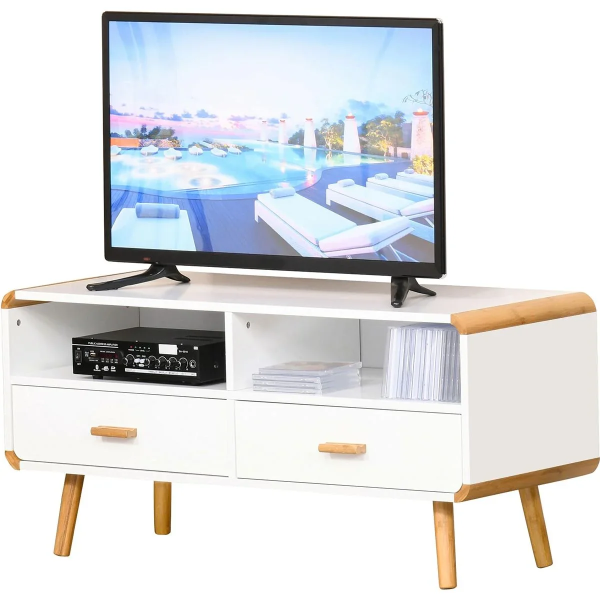 TV Schrank mit 2 Schubladen und offenen Regalfächern Weiß - 4