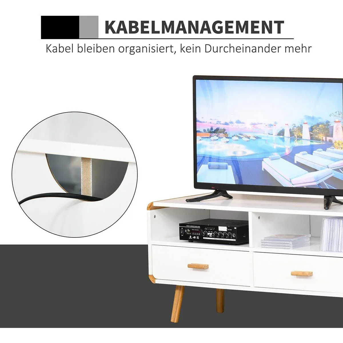 TV Schrank mit 2 Schubladen und offenen Regalfächern Weiß - 5