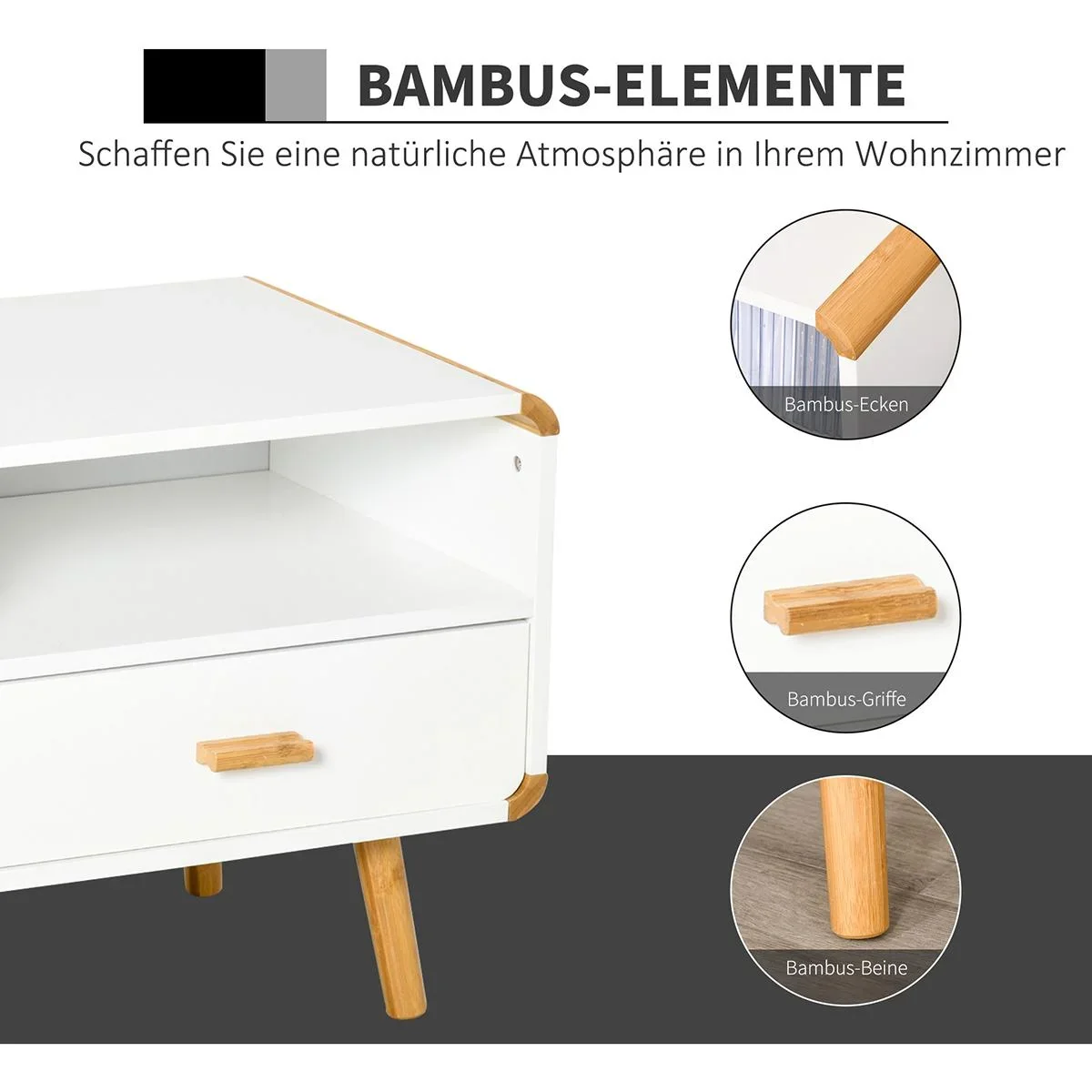 TV Schrank mit 2 Schubladen und offenen Regalfächern Weiß - 6