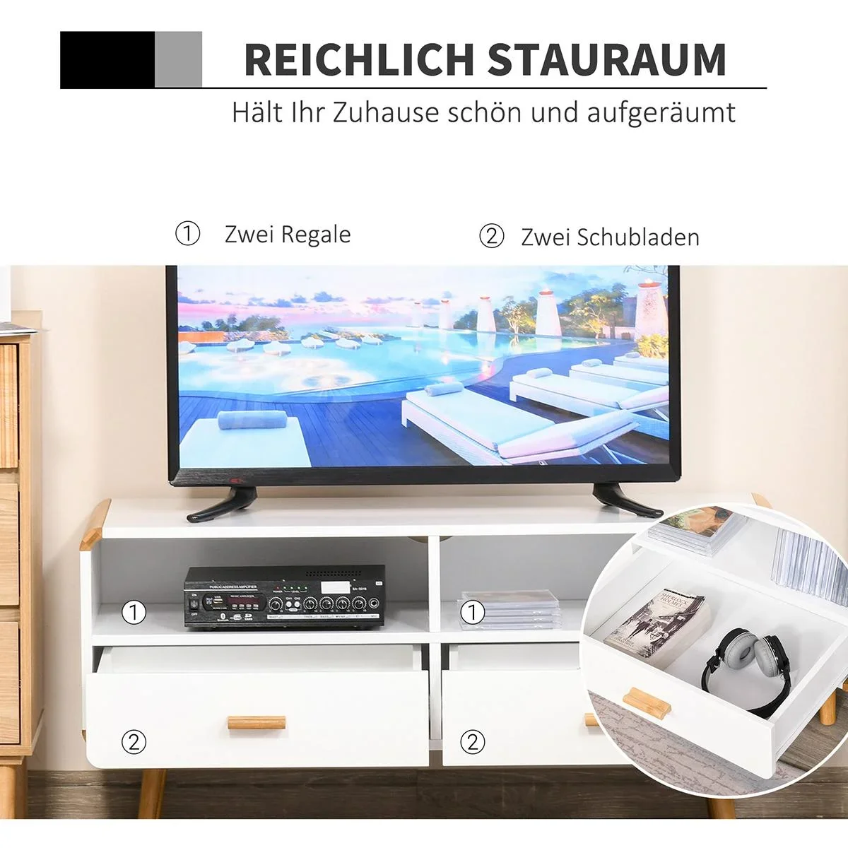 TV Schrank mit 2 Schubladen und offenen Regalfächern Weiß - 7