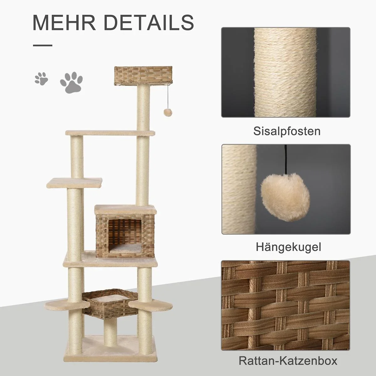 Rattan Kratzbaum mit Katzenhöhle Hängematte Mehrstufiger Katzenbaum Kletterbaum für Katzen E1 MDF Sisal Beige+Braun 55 - 0