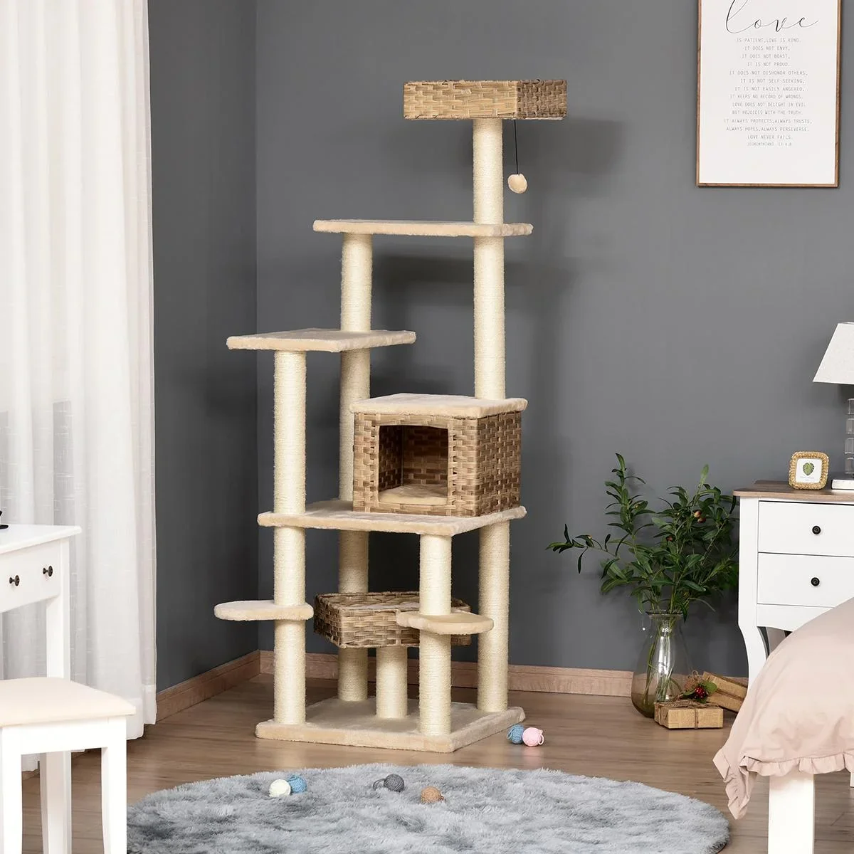 Rattan Kratzbaum mit Katzenhöhle Hängematte Mehrstufiger Katzenbaum Kletterbaum für Katzen E1 MDF Sisal Beige+Braun 55 - 1