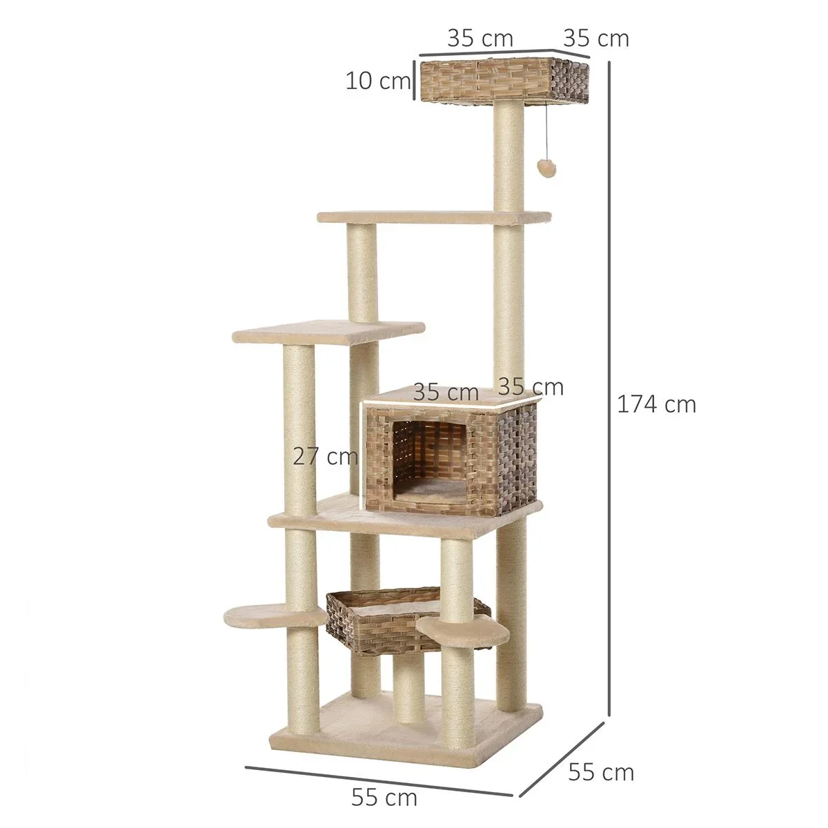 Rattan Kratzbaum mit Katzenhöhle Hängematte Mehrstufiger Katzenbaum Kletterbaum für Katzen E1 MDF Sisal Beige+Braun 55 - 2