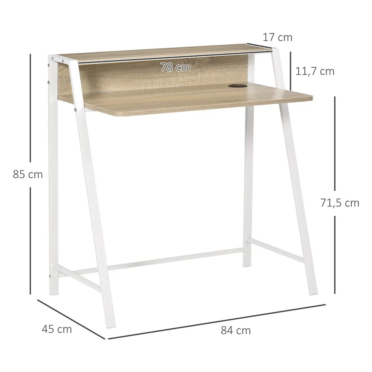 Schreibtisch Computertisch Bürotisch Arbeitstisch mit Ablagefach Kabeldurchlass Metall Weiß+Eiche 84 x 45 x 85 cm - 0