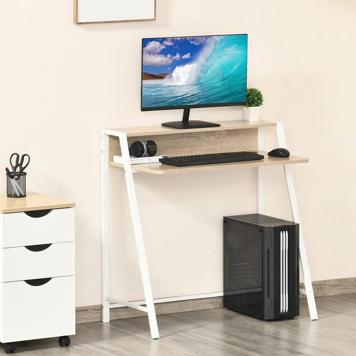 Schreibtisch Computertisch Bürotisch Arbeitstisch mit Ablagefach Kabeldurchlass Metall Weiß+Eiche 84 x 45 x 85 cm - 2