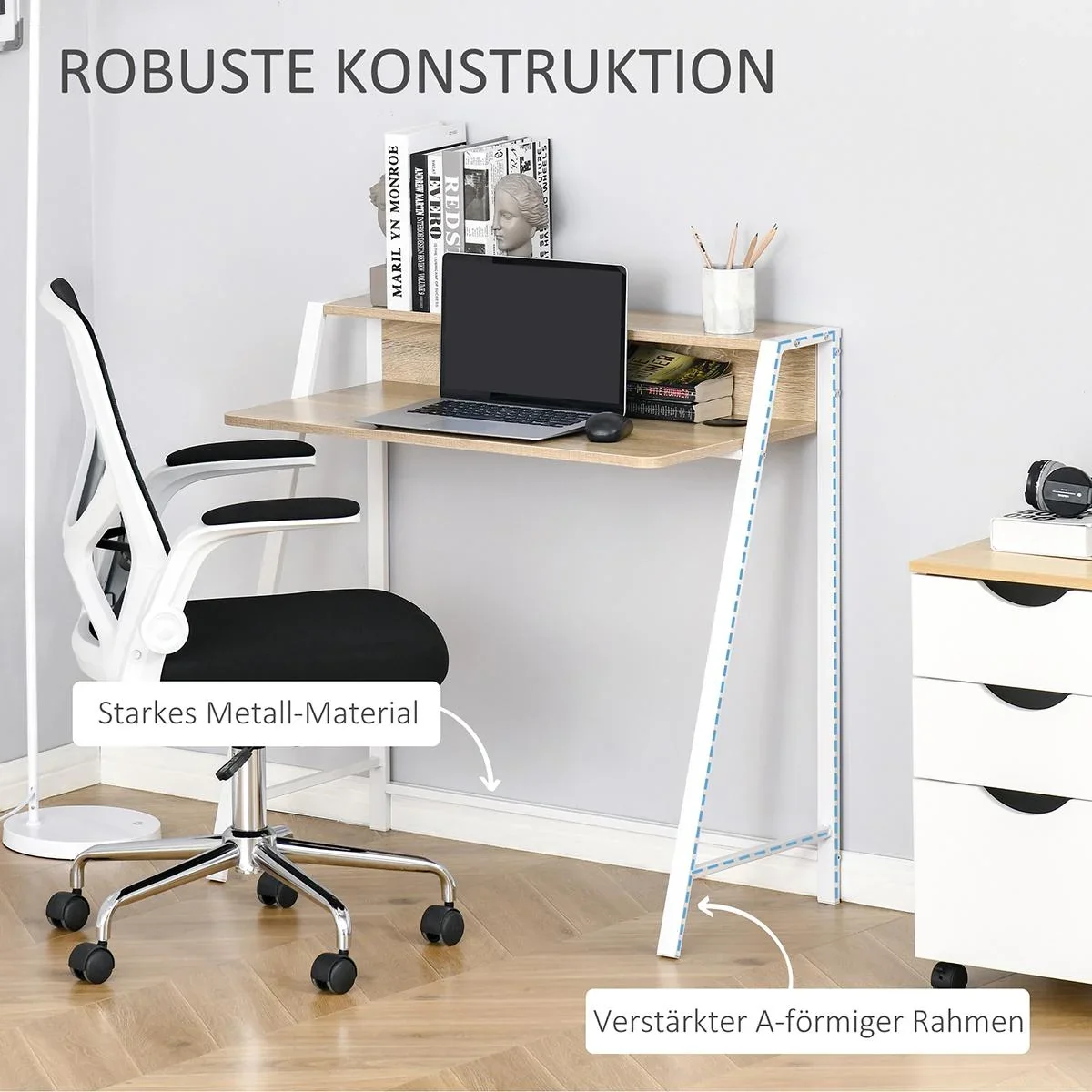 Schreibtisch Computertisch Bürotisch Arbeitstisch mit Ablagefach Kabeldurchlass Metall Weiß+Eiche 84 x 45 x 85 cm - 3