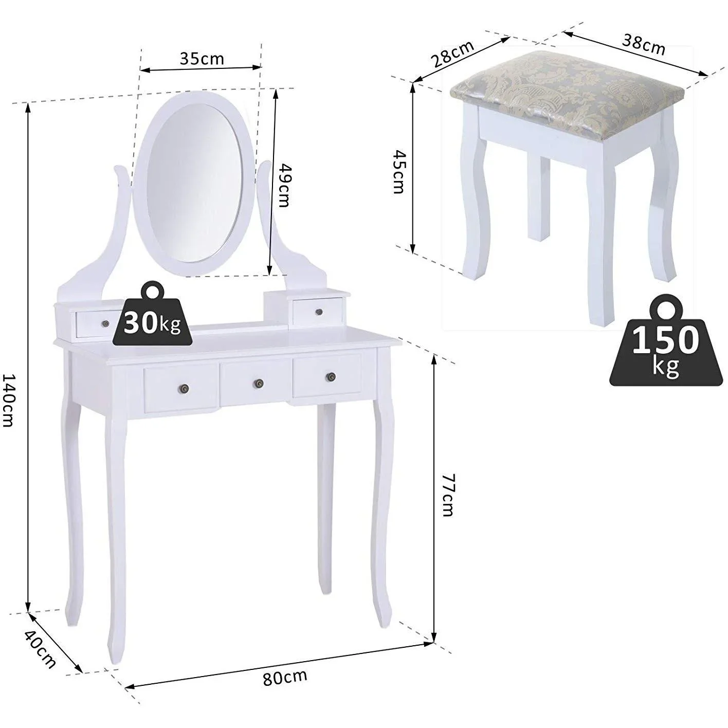 Schminktisch Frisierkommode mit Spiegel und Hocker Weiß - 0