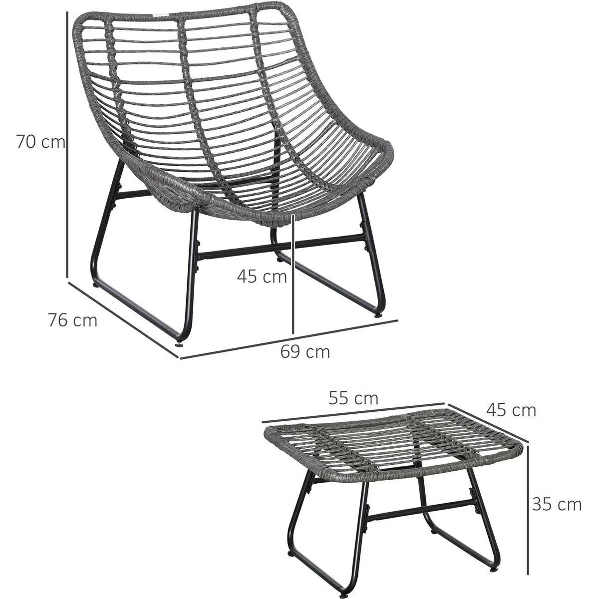 Rattan Relax Stuhl mit Hocker und Kissen Stahl Polyester Grau 69 x 76 x 70 cm - 2