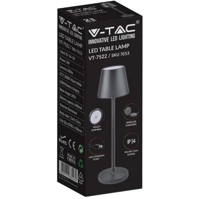 VT-7522 Tischleuchte - 3000K - Dimmbar über Touch - Wiederaufladbar - Schwarz- IP54 - 2