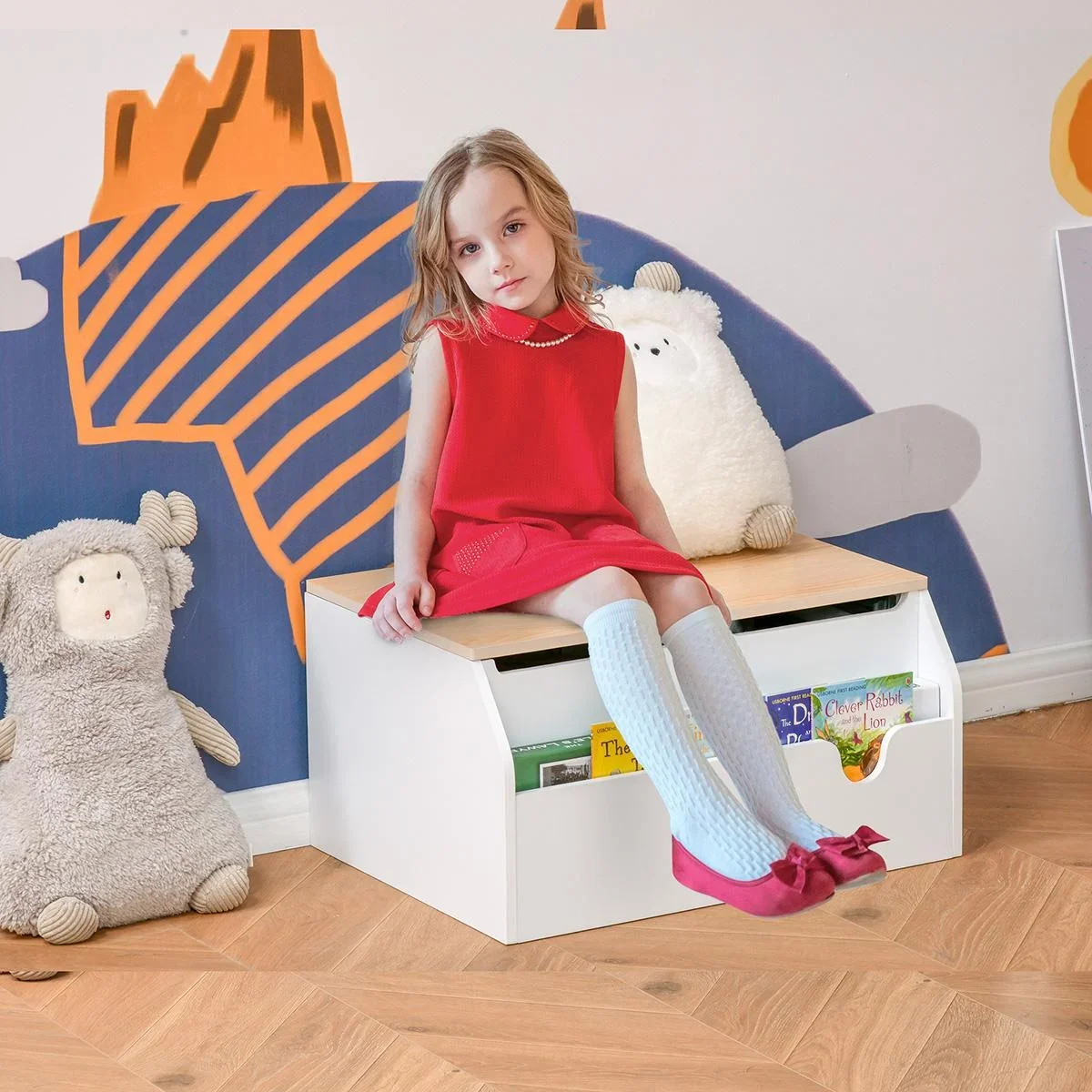 Kindersitzbank mit Stauraum 2-in-1 Truhenbank Spielzeugkiste Aufbewahrungstruhe 3-8 Jahre Kindermöbel Weiß 58 x 43 x 30 - 1