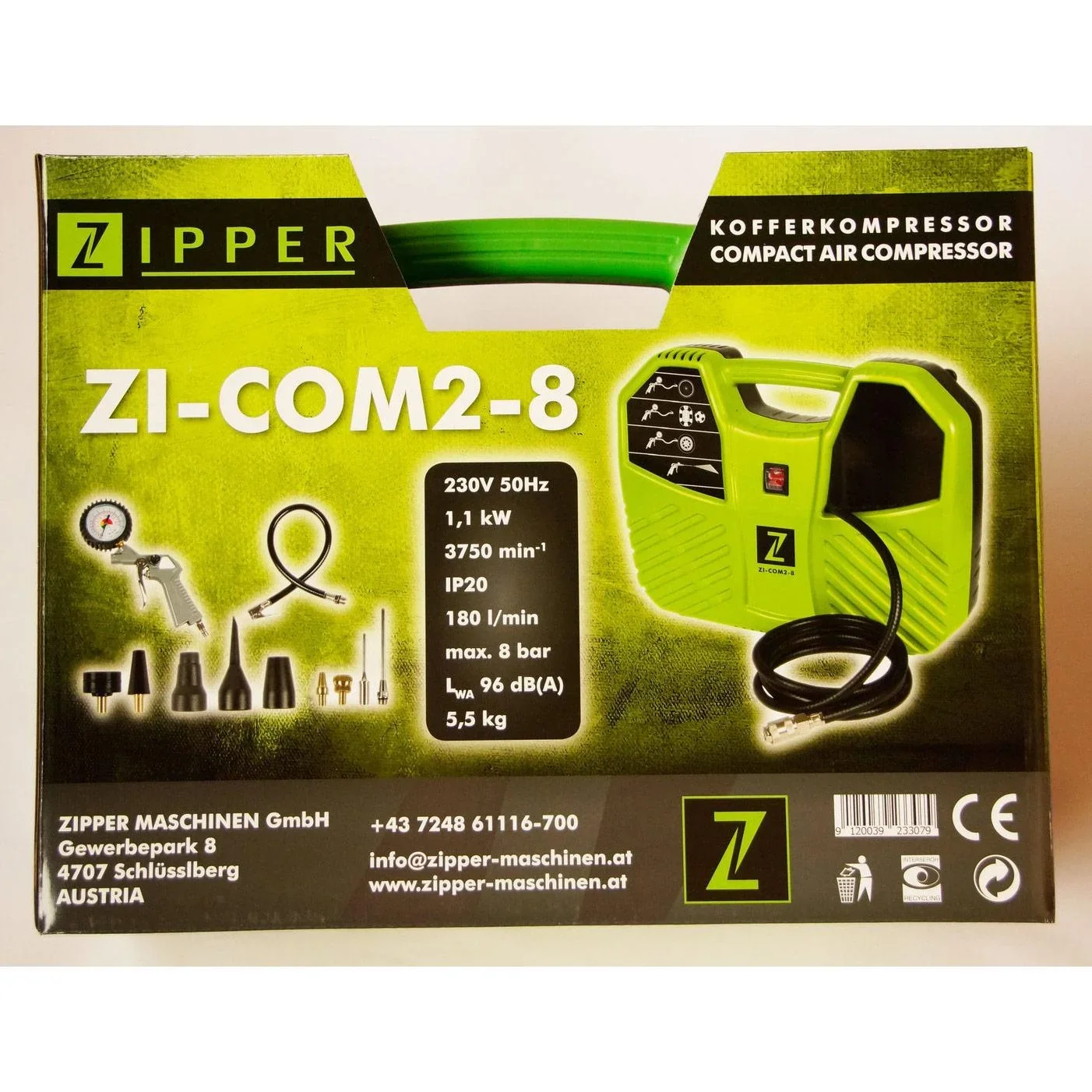 Tragbarer Gehäusekompressor ZI-COM2-8 - 8 bar - 1100W inkl. Zubehörsatz - 1