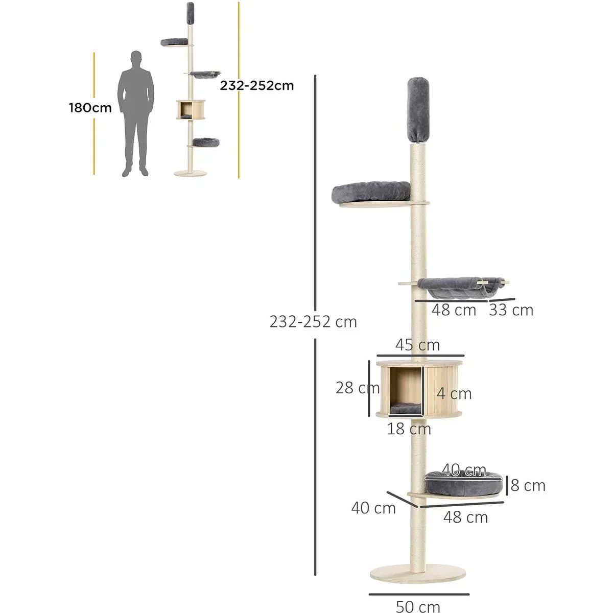 Kratzbaum Katzenbaum Deckenhoch Kletterbaum mit holz Katzenhöhle Sisal Plüsch höhenverstellbar Grau 50 x 50 x 232-252 cm - 1
