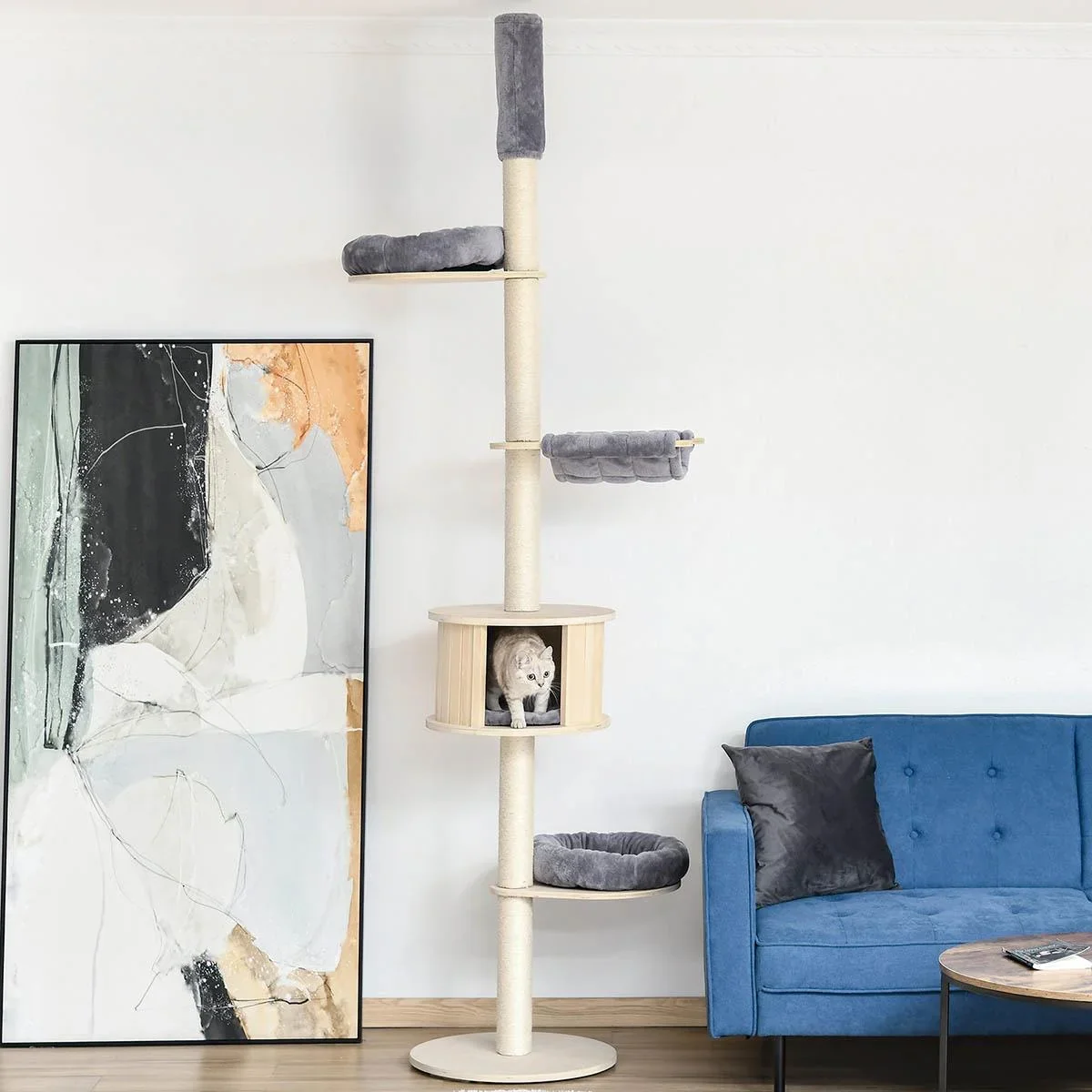 Kratzbaum Katzenbaum Deckenhoch Kletterbaum mit holz Katzenhöhle Sisal Plüsch höhenverstellbar Grau 50 x 50 x 232-252 cm - 3
