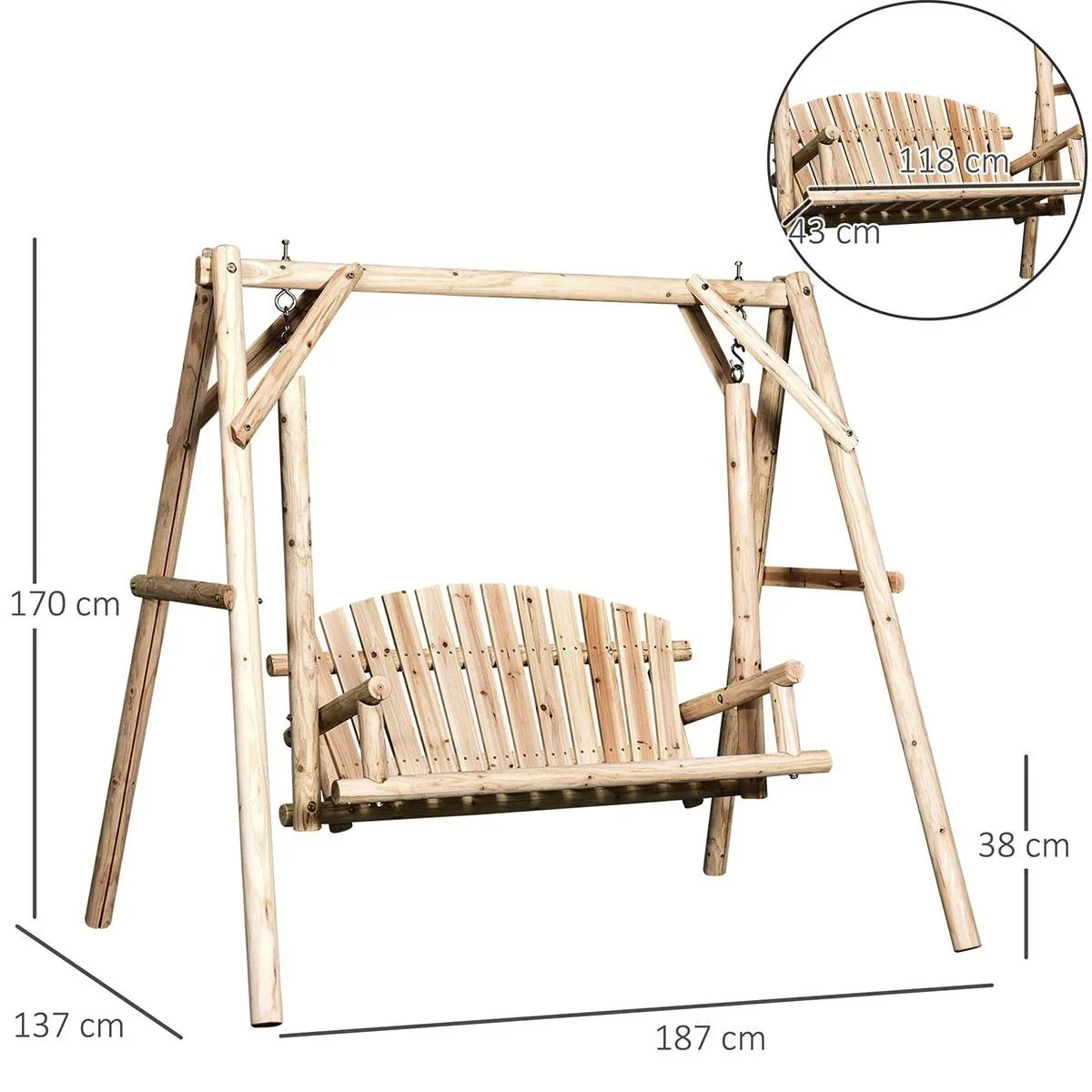 Hollywoodschaukel 2-Sitzer Gartenschaukel Schaukelbank Hängebank Massivholz Natur187 x 137 x 170 cm - 2