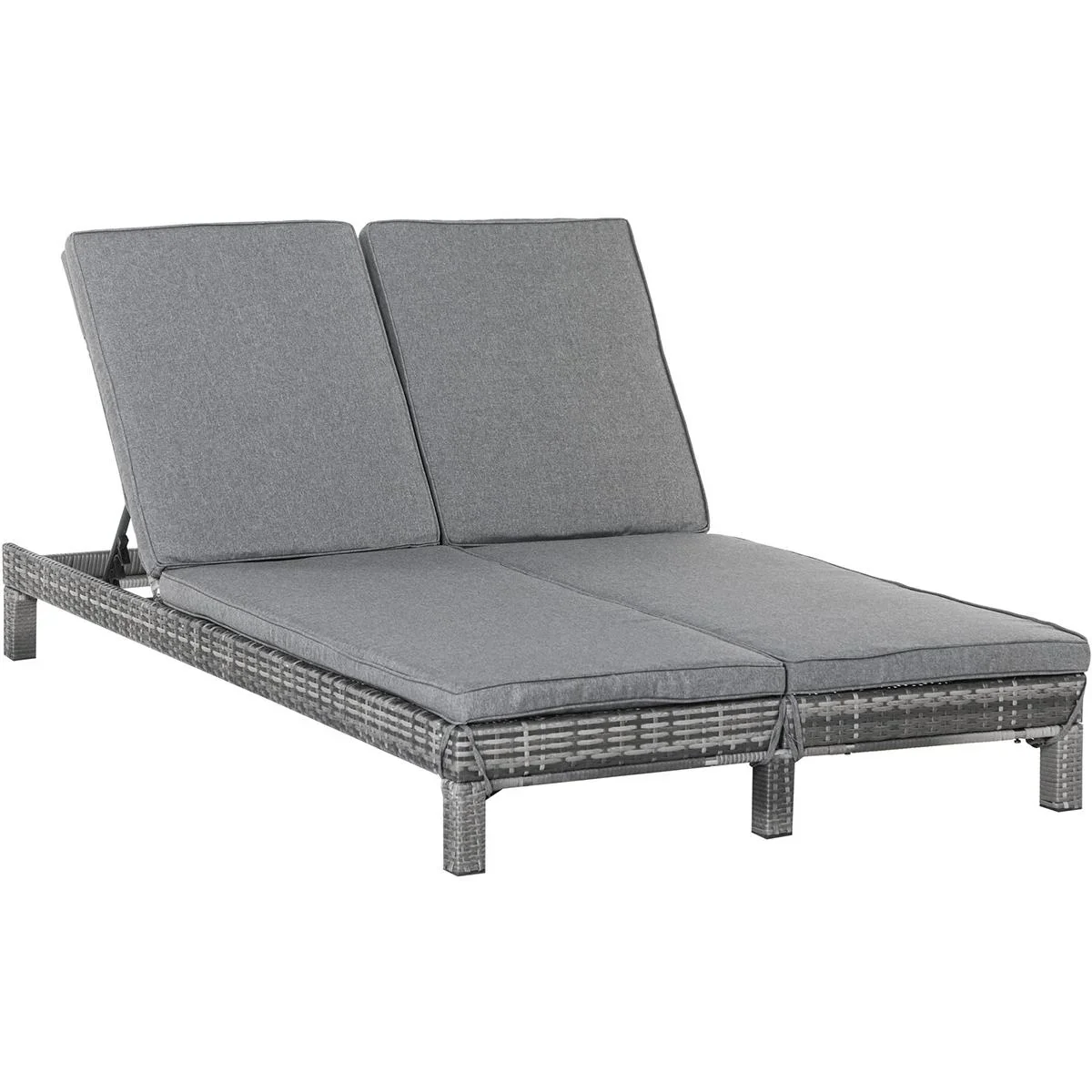 Gartenliege, Doppelliege, Relaxliege für 2 Personen, Luxus Lounge, 5-stufige Rückenlehne, Metall, PE Rattan, Grau, 195 x - 0