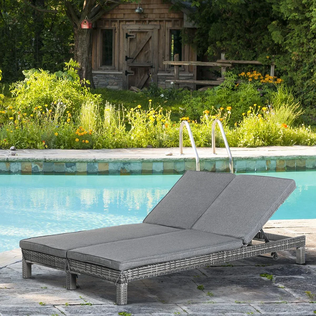 Gartenliege, Doppelliege, Relaxliege für 2 Personen, Luxus Lounge, 5-stufige Rückenlehne, Metall, PE Rattan, Grau, 195 x - 1